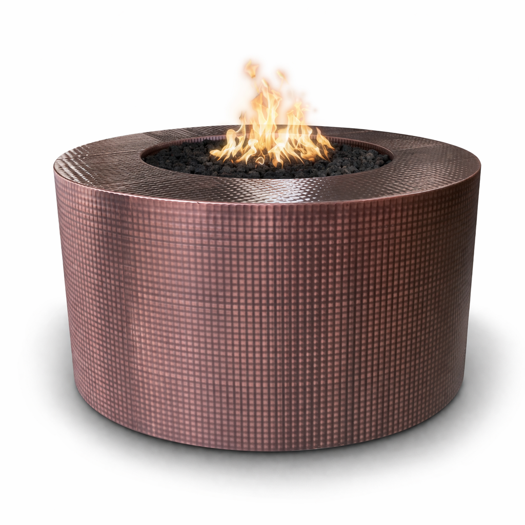Copper-patterned fire pit table with flames on a white background