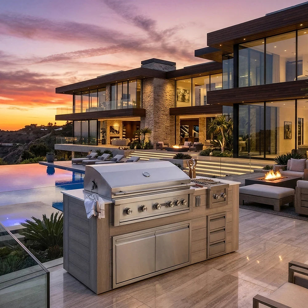 Videl USA 96" Pacific Collection BBQ Island lifestyle — luxury outdoor patio at sunset