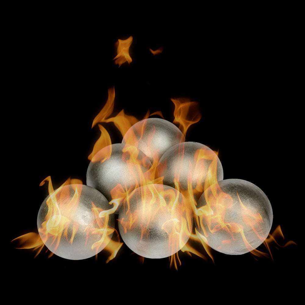Steel fire balls displayed together with flames against a black background; sold individually