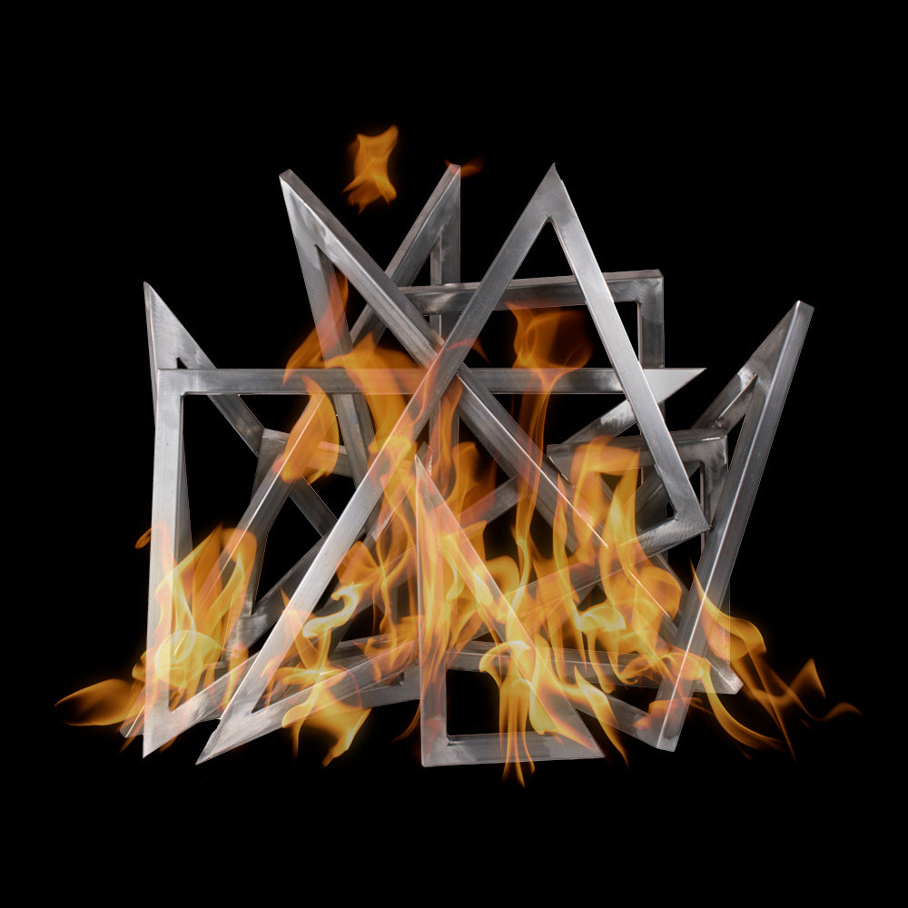 The Outdoor Plus Steel Triangle Sculpture ornament shown with flames against a black background