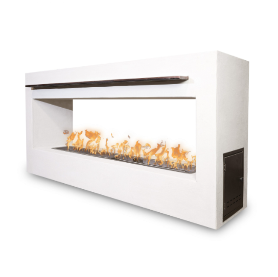 Modern white fireplace with visible flames on a white background