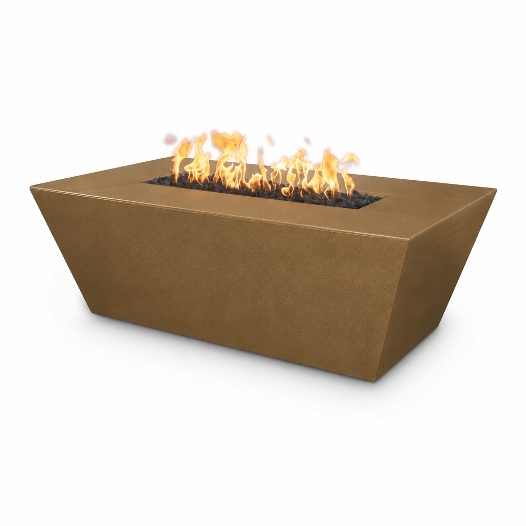 A rectangular concrete fire pit with a warm brown finish, featuring active orange and yellow flames burning over black decorative stones, set against a plain white background.