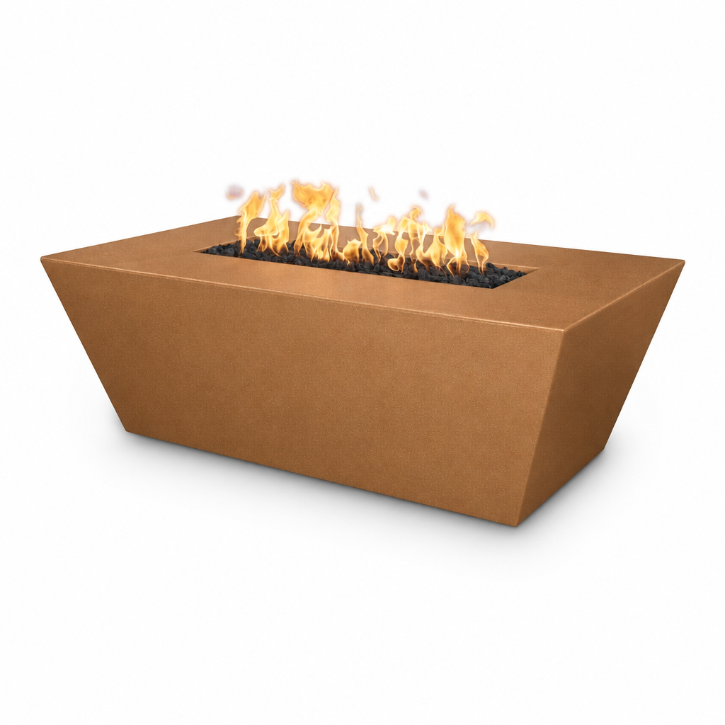 A rectangular outdoor fire pit with a matte bronze finish and active orange flames burning in a black fire glass insert, shown on a solid white background.