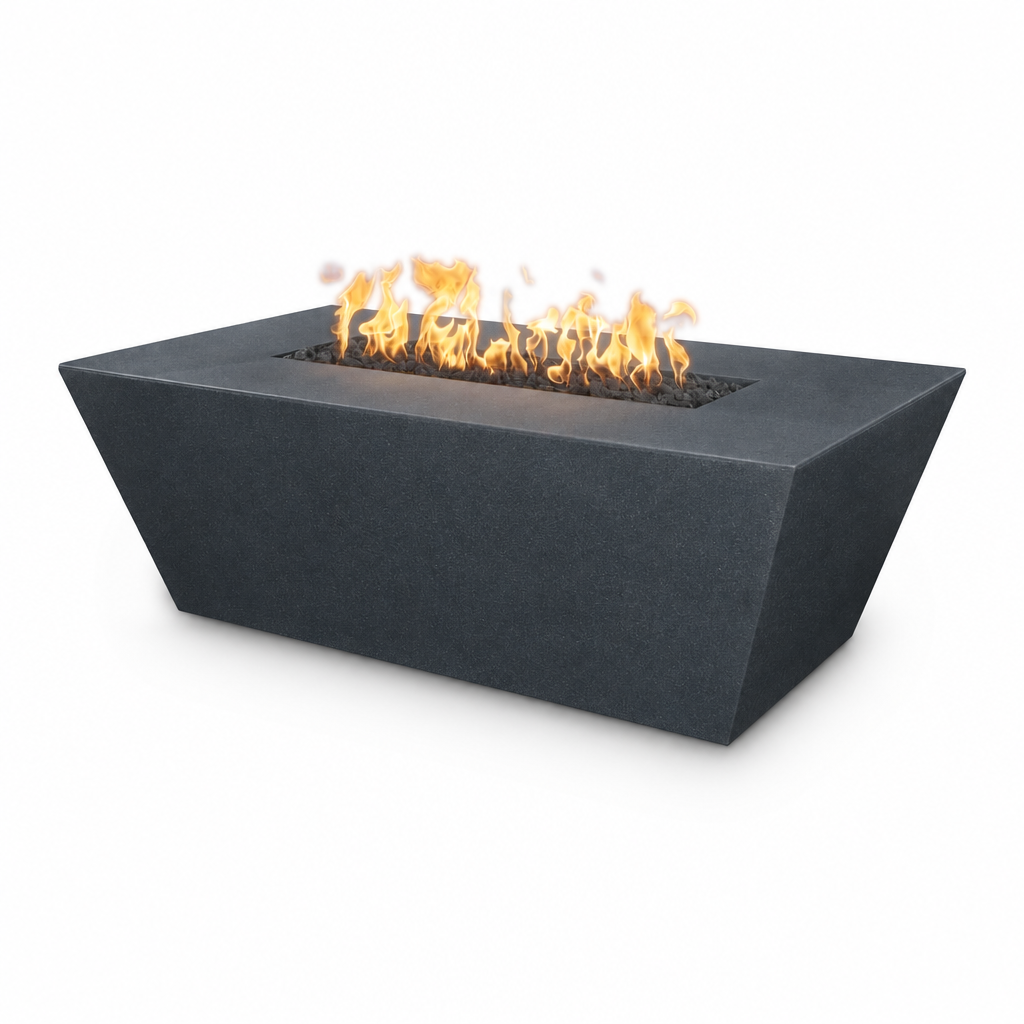 A modern rectangular outdoor fire pit with a dark charcoal gray concrete-like finish, shown with active orange and yellow flames burning in the center on a plain white background.