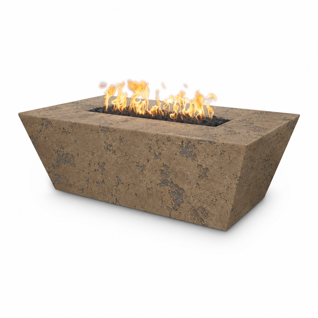 A rectangular concrete fire pit with a textured brown and gray stone-like finish, shown with orange flames burning in the center opening, on a solid white background.