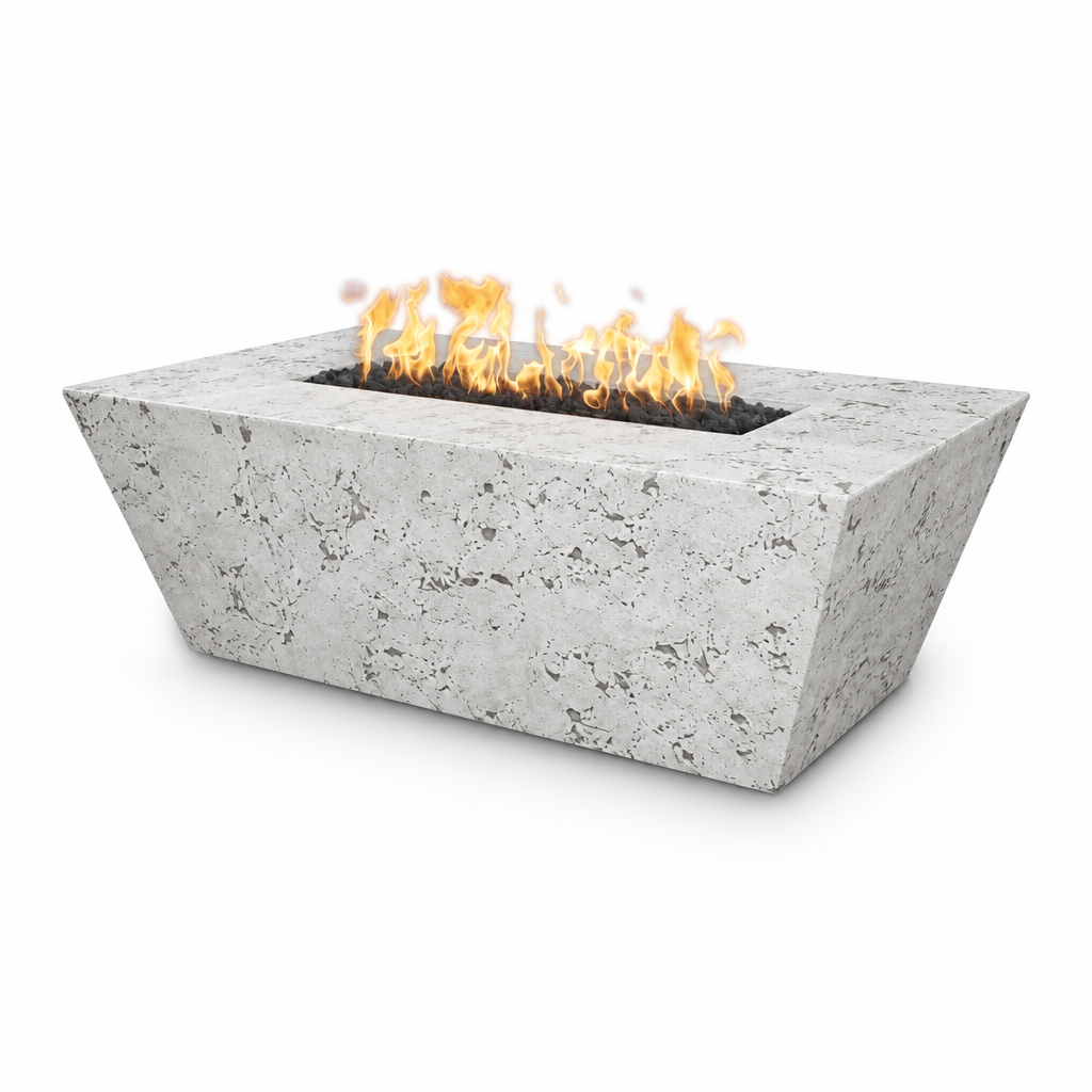 A rectangular concrete fire pit with a tapered triangular design, featuring a textured light gray stone-like finish and active orange flames burning in the center.