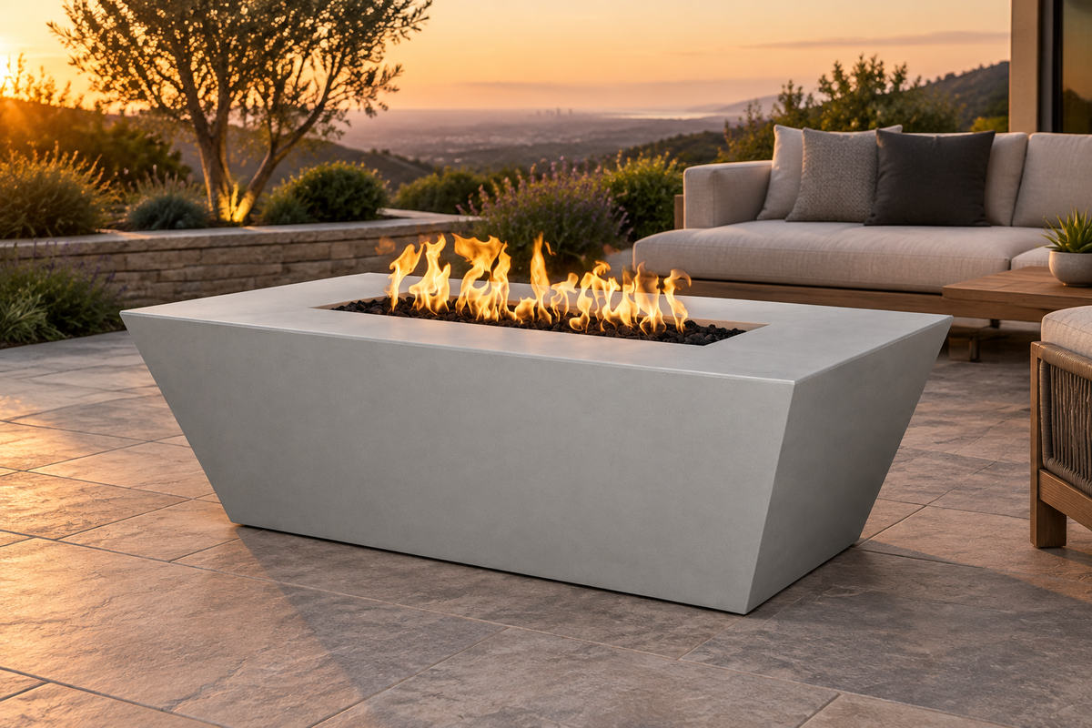 The Outdoor Plus Angelus GFRC fire pit in Natural Gray, burning on a stone terrace beside outdoor seating at sunset.