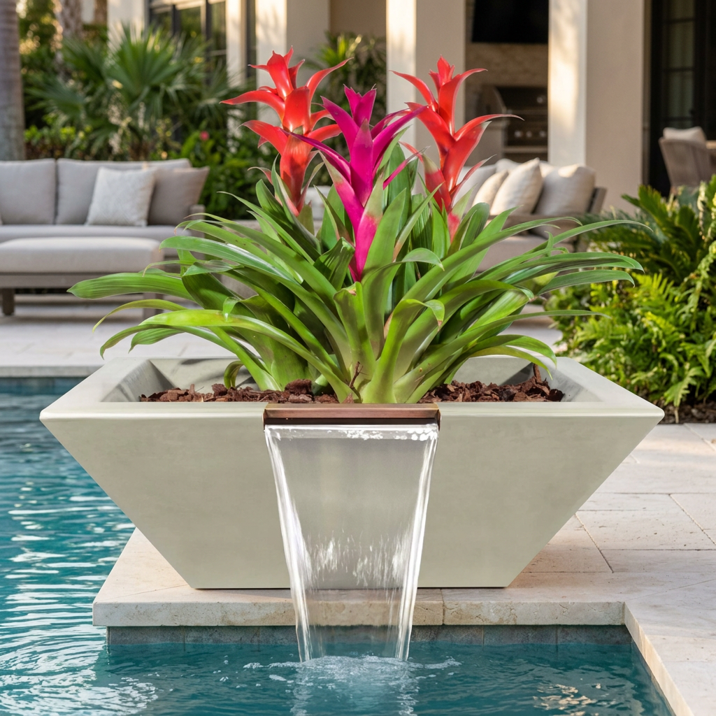 Ash Maya flower bowl in a luxury poolside setting with water flowing into the pool