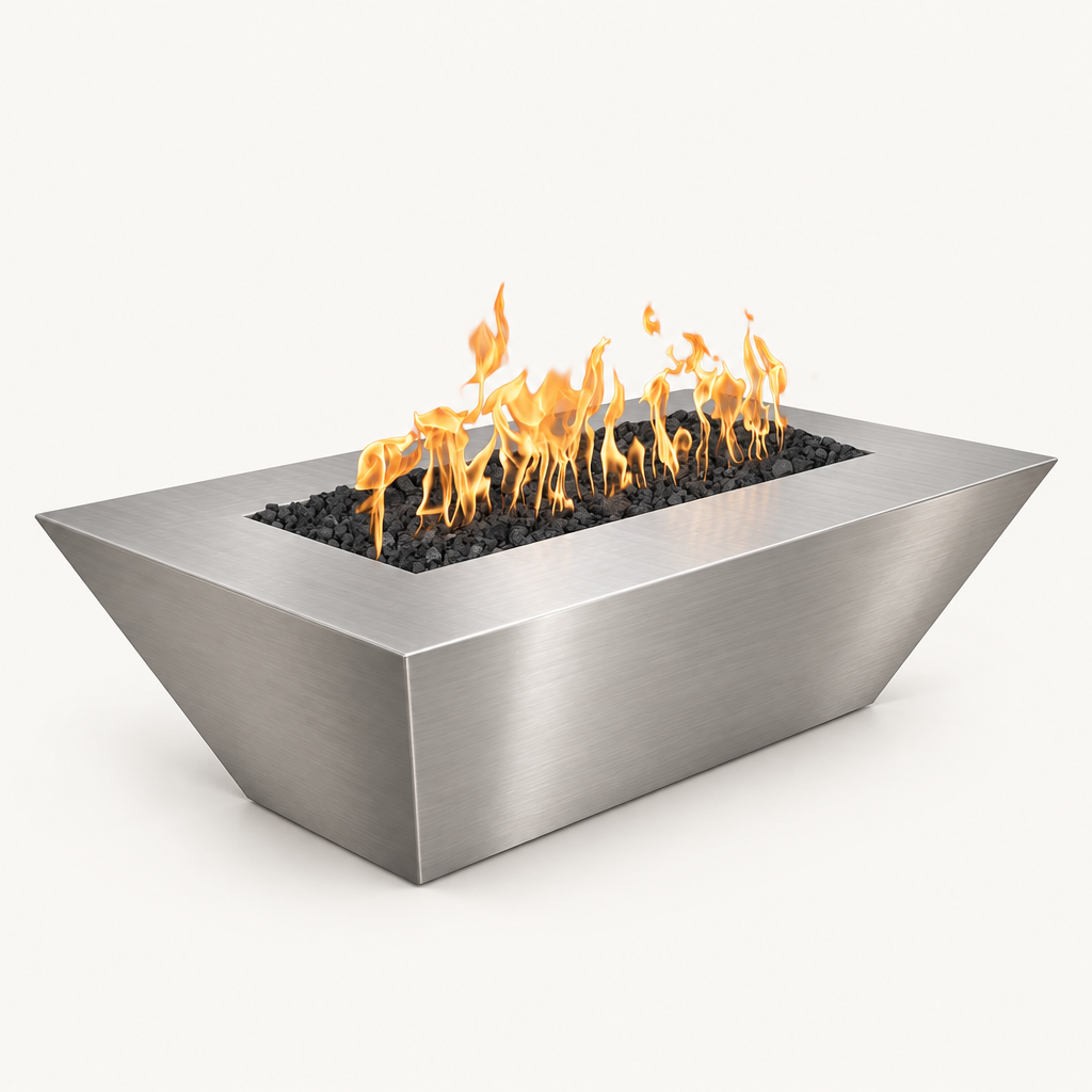 Atlantic fire pit in stainless steel on a light background