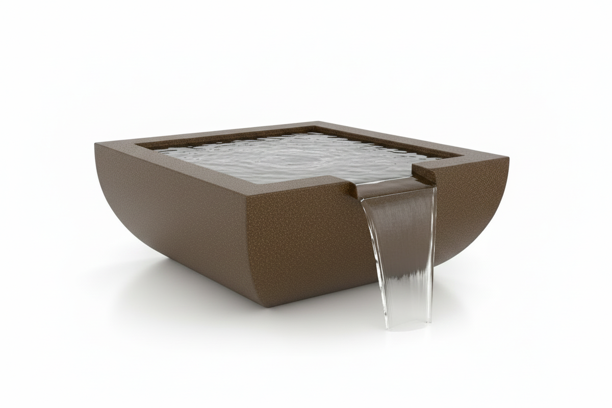 A modern square concrete waterfall fountain in a textured brown finish, with clear water flowing from the front into a shallow clear pool, shown on a white background.