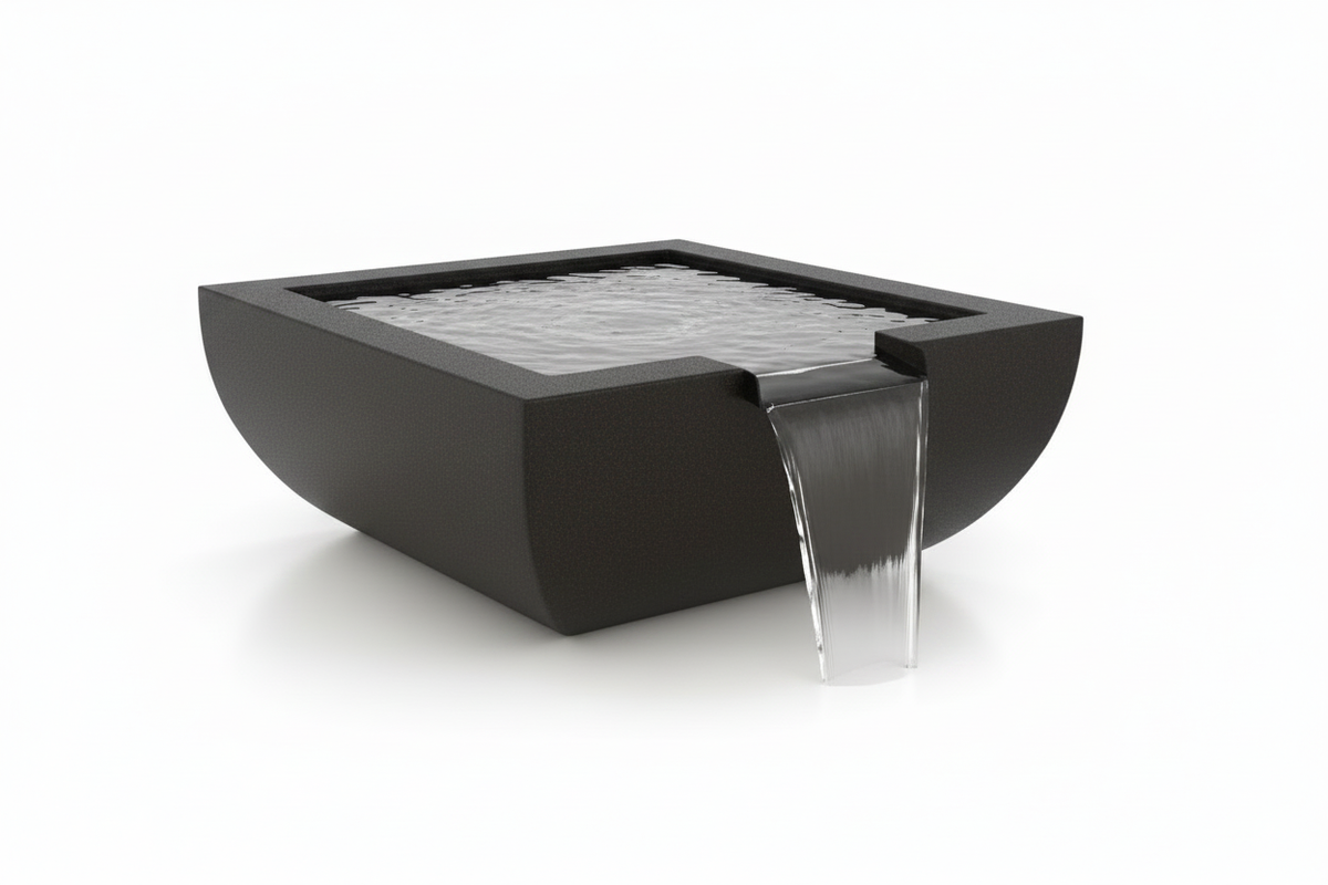 A modern square black stone water fountain with a cascading waterfall spout, shown on a clean white background.