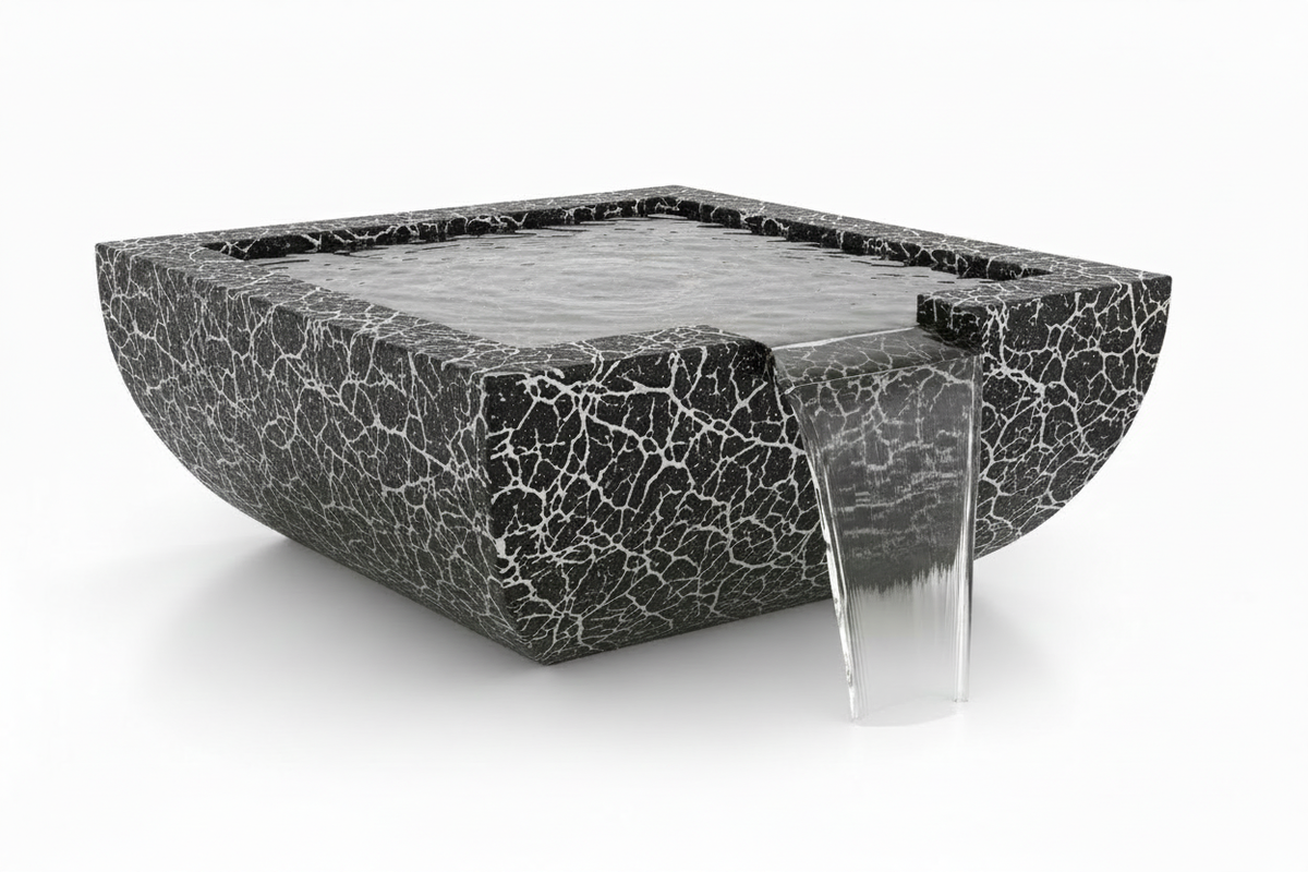 A square black stone fountain basin with a white crackle marble pattern, featuring a clear glass waterfall spout on a white background.