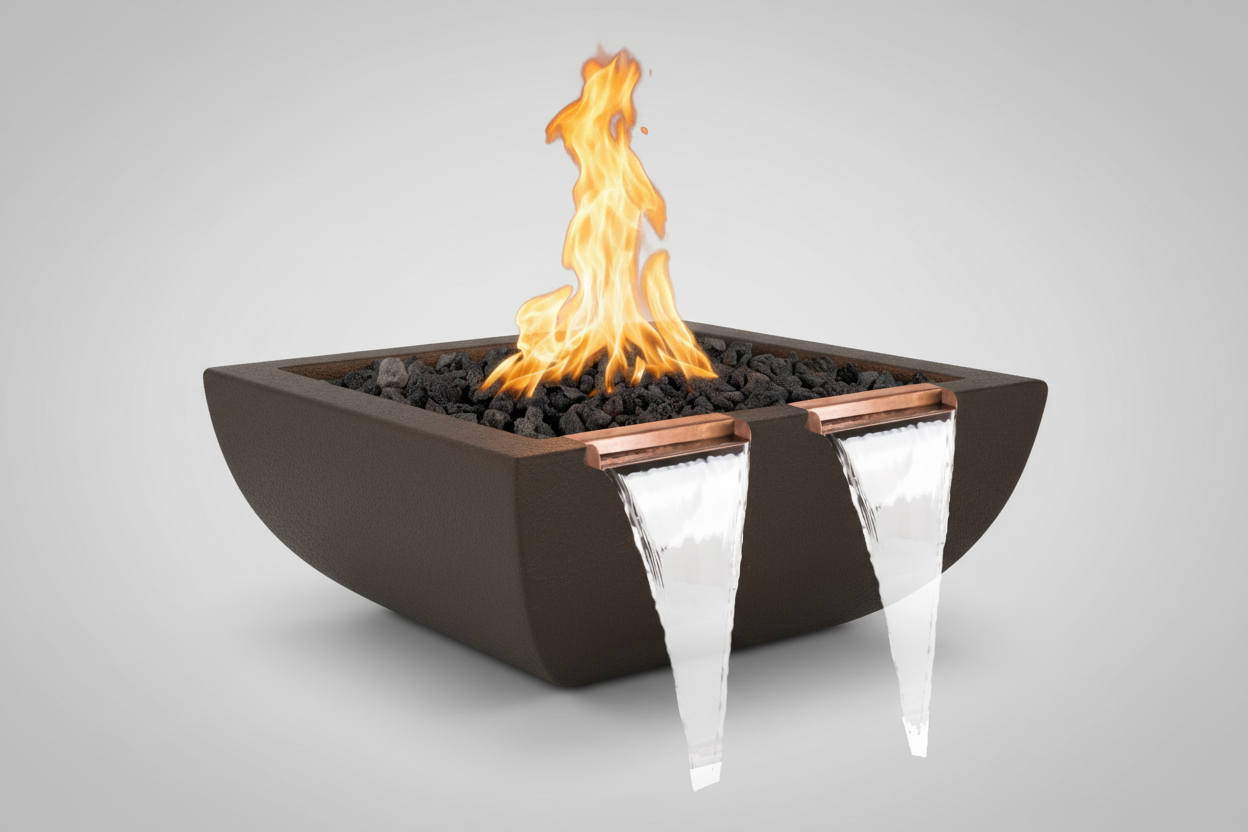 A modern square fire pit with a dark brown exterior, black stones, a bright orange flame, and two clear waterfall spouts with copper-colored trim, shown on a light gray background.