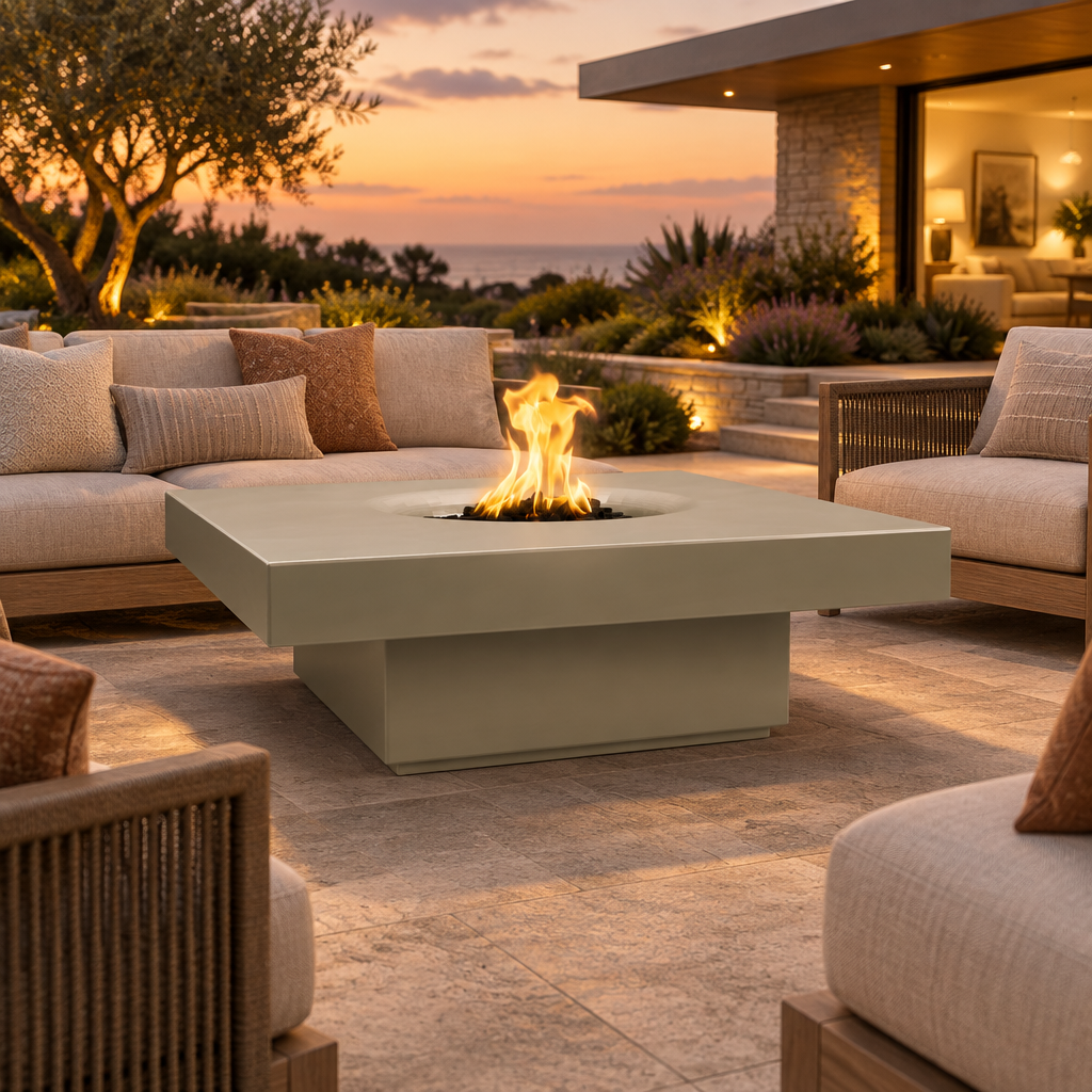 A modern outdoor patio scene at sunset with a square concrete fire pit table centered between upholstered seating. The fire pit has a warm flame burning in the center, and the background shows a lit patio area, plants, and sky.