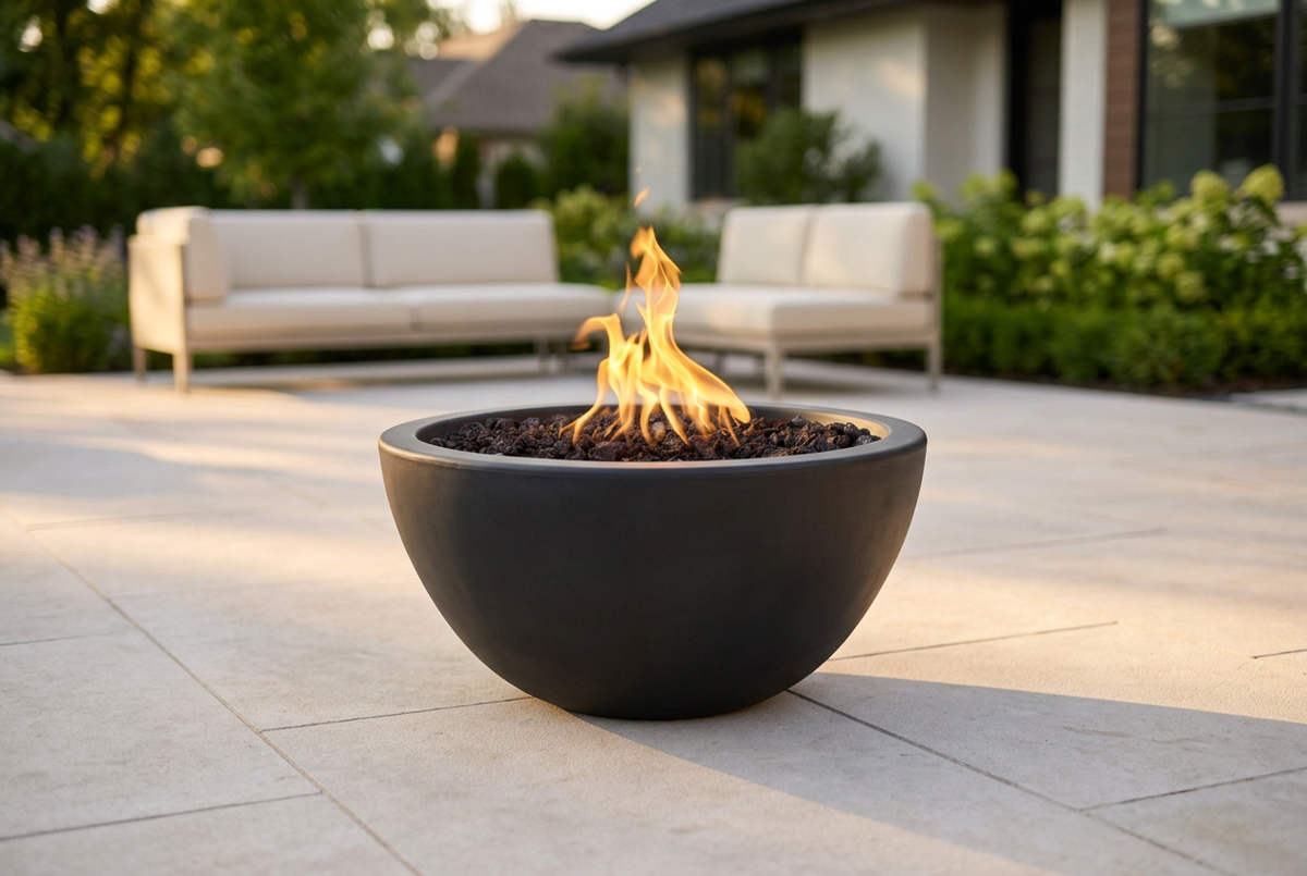 Black Luna Fire Bowl on a modern patio
