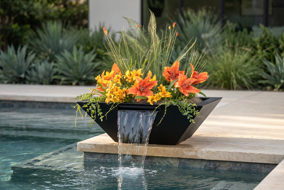 Black Maya Powder Coated Planter & Water Bowl in a poolside garden setting
