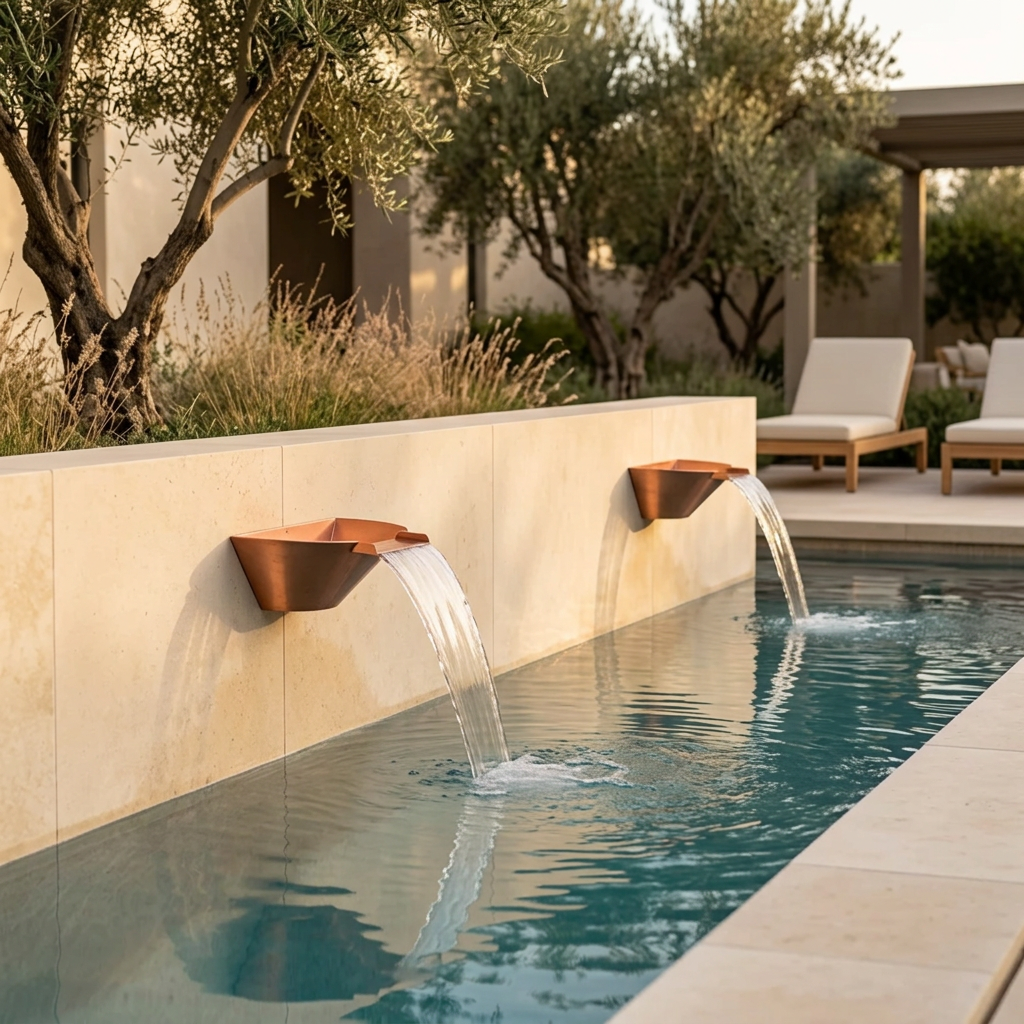 Cazo copper wall-mounted water bowls in a warm limestone poolside setting