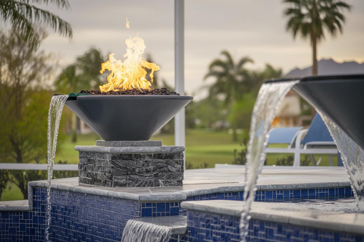 A modern black metal fire pit bowl with a bright yellow and orange flame, set on a stone pedestal above a blue tiled pool deck. Water cascades from matching black spout bowls on the right, and a blurred outdoor background with palm trees and a golf course is visible.