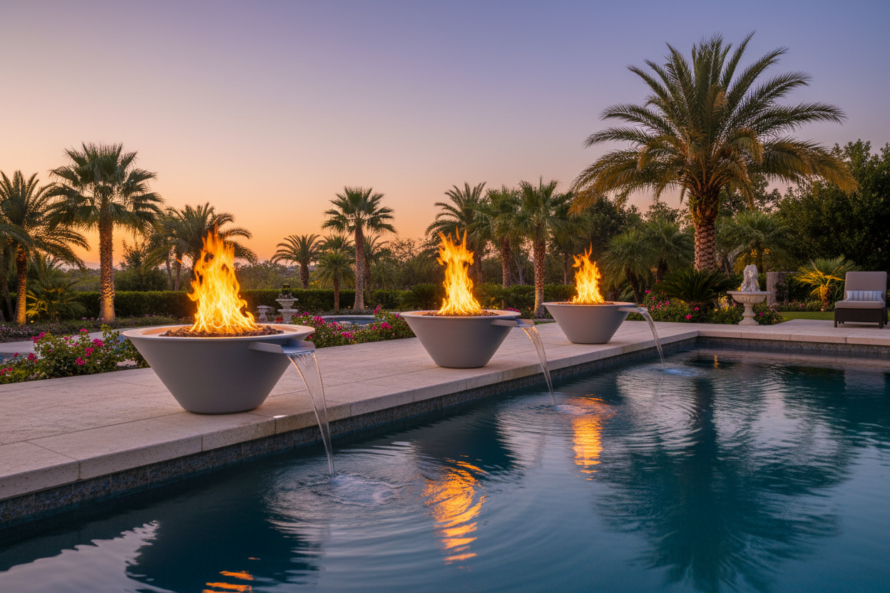 Three large round outdoor fire pits with glowing flames sit along the edge of a swimming pool at dusk, with palm trees and landscaping in the background.