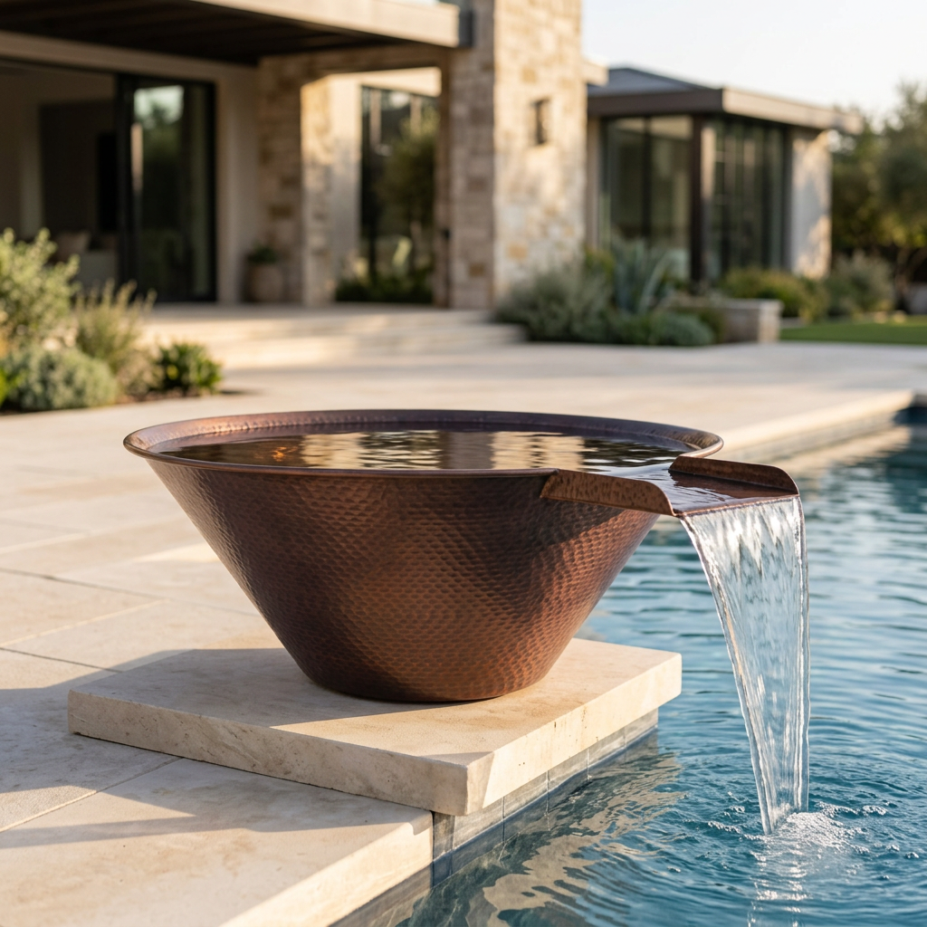Cazo hammered copper water bowl flowing into a pool