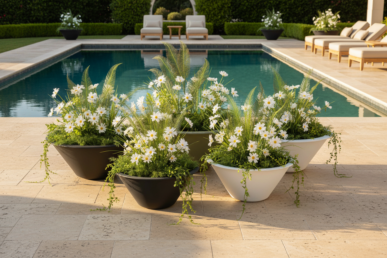 Five large modern planters in black and white ceramic shapes, filled with white daisies and green ornamental grass, arranged on a stone patio next to a swimming pool.