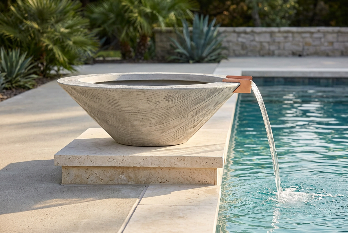 Cazo Woodgrain Water Bowl with a sideways-facing scupper spilling into the pool