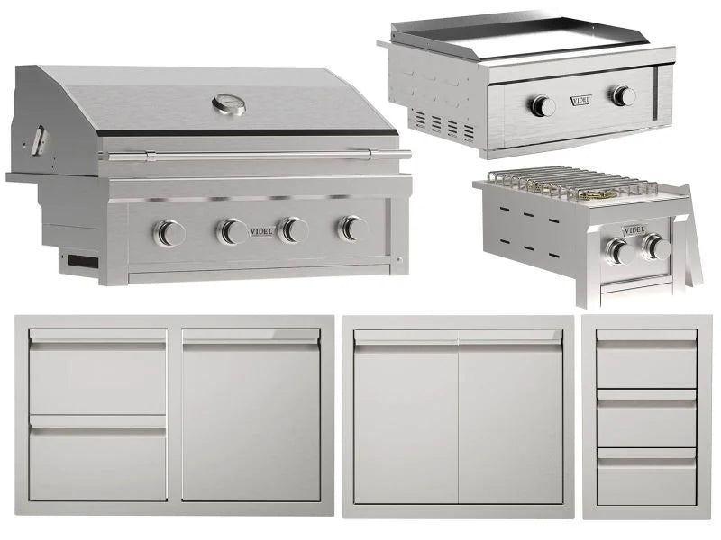 Videl - Signature Outdoor Kitchen Equipment Package IV – 36" Grill, Griddle, Side Burner & Full Storage