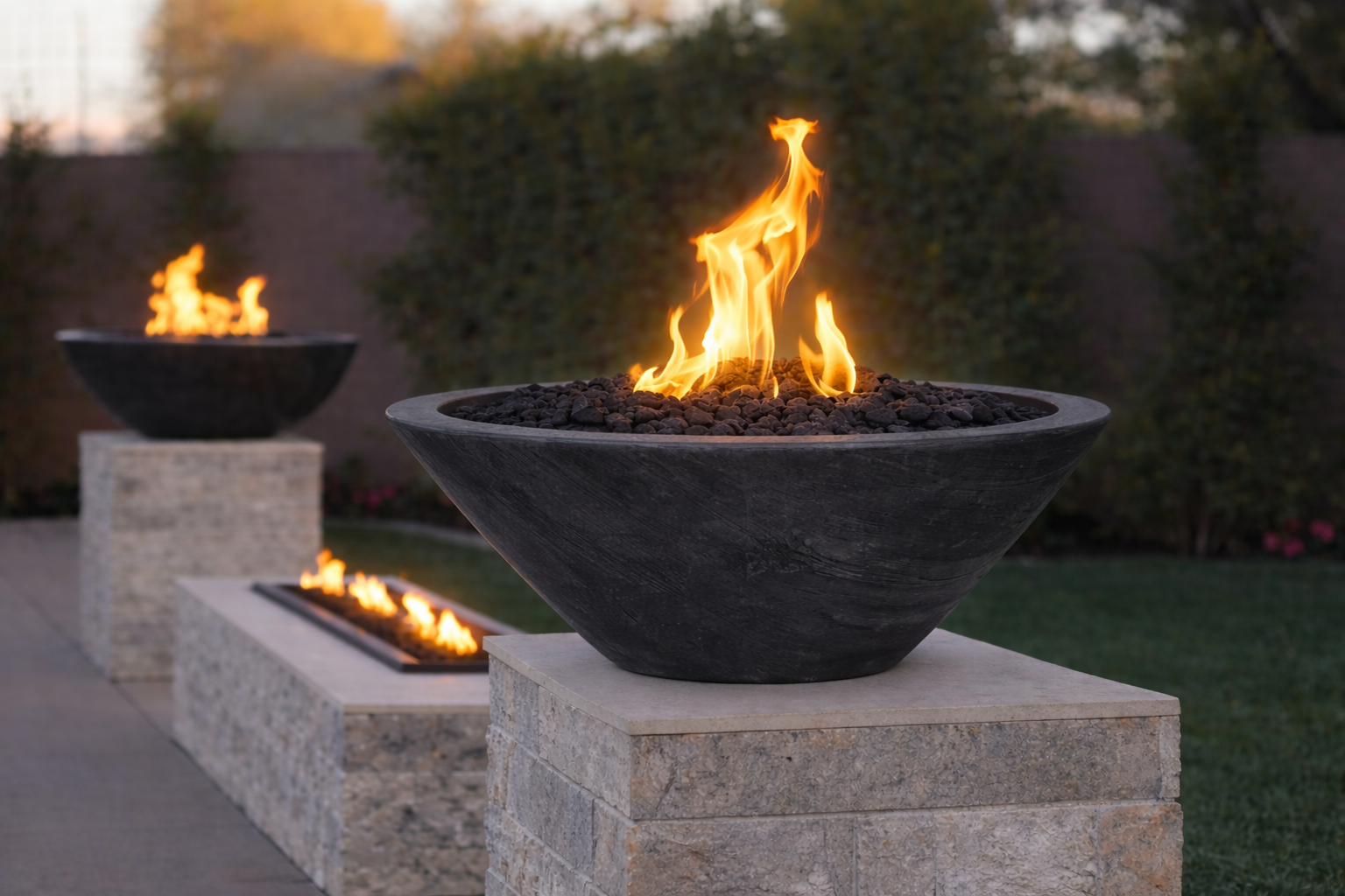 The Outdoor Plus Round Cazo Wood Grain GFRC Concrete Fire Bowl - Match Lit with Flame Sense - Ebony