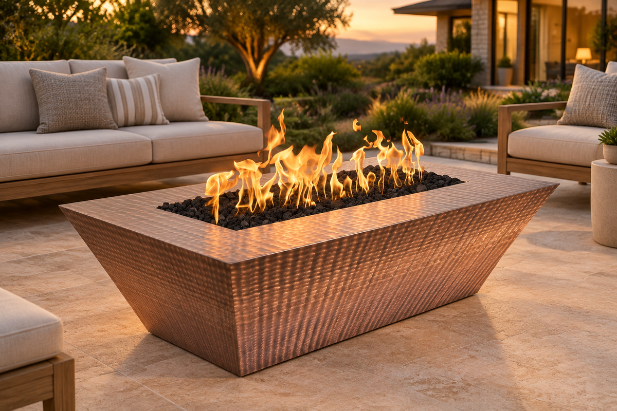 Hammered copper Atlantic fire pit in a luxury patio setting