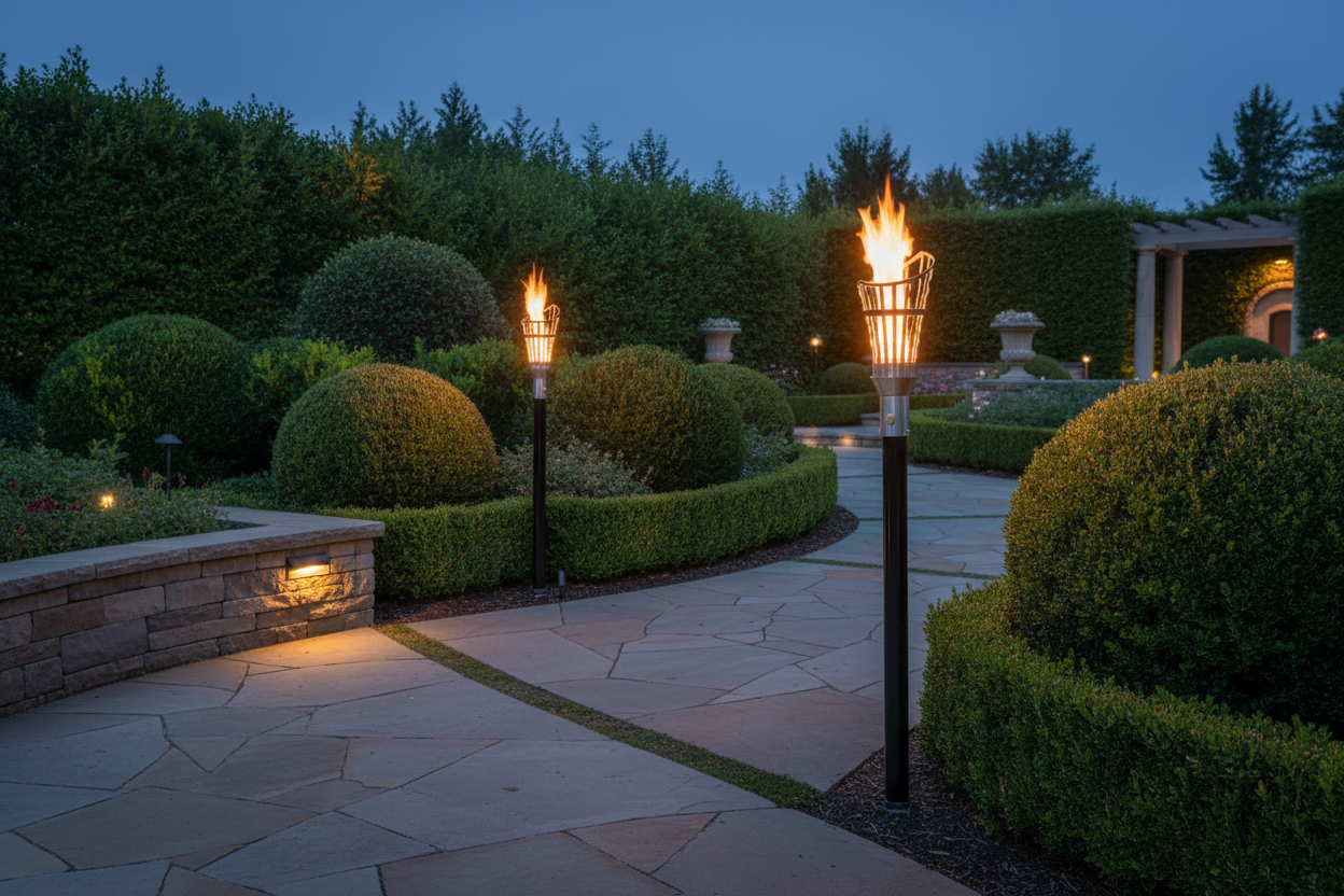 Roman Fire Torch lifestyle on stone patio at dusk