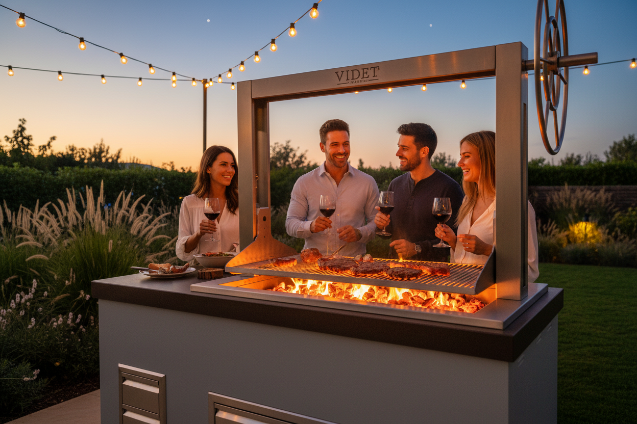 Friends gathered around the Videl Brasa III at dusk with glowing coals and wheel-crank grate lift