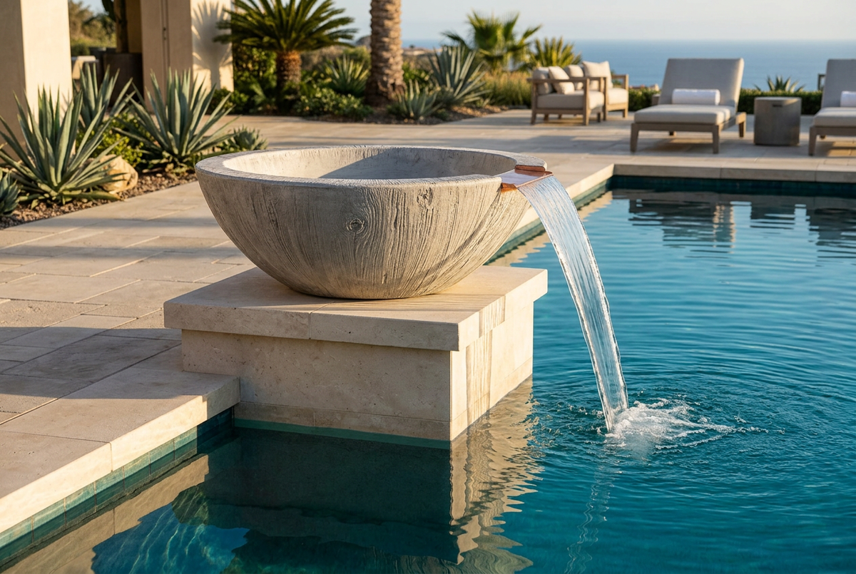 Ivory Sedona Woodgrain Water Bowl with a sideways-facing scupper spilling into a pool