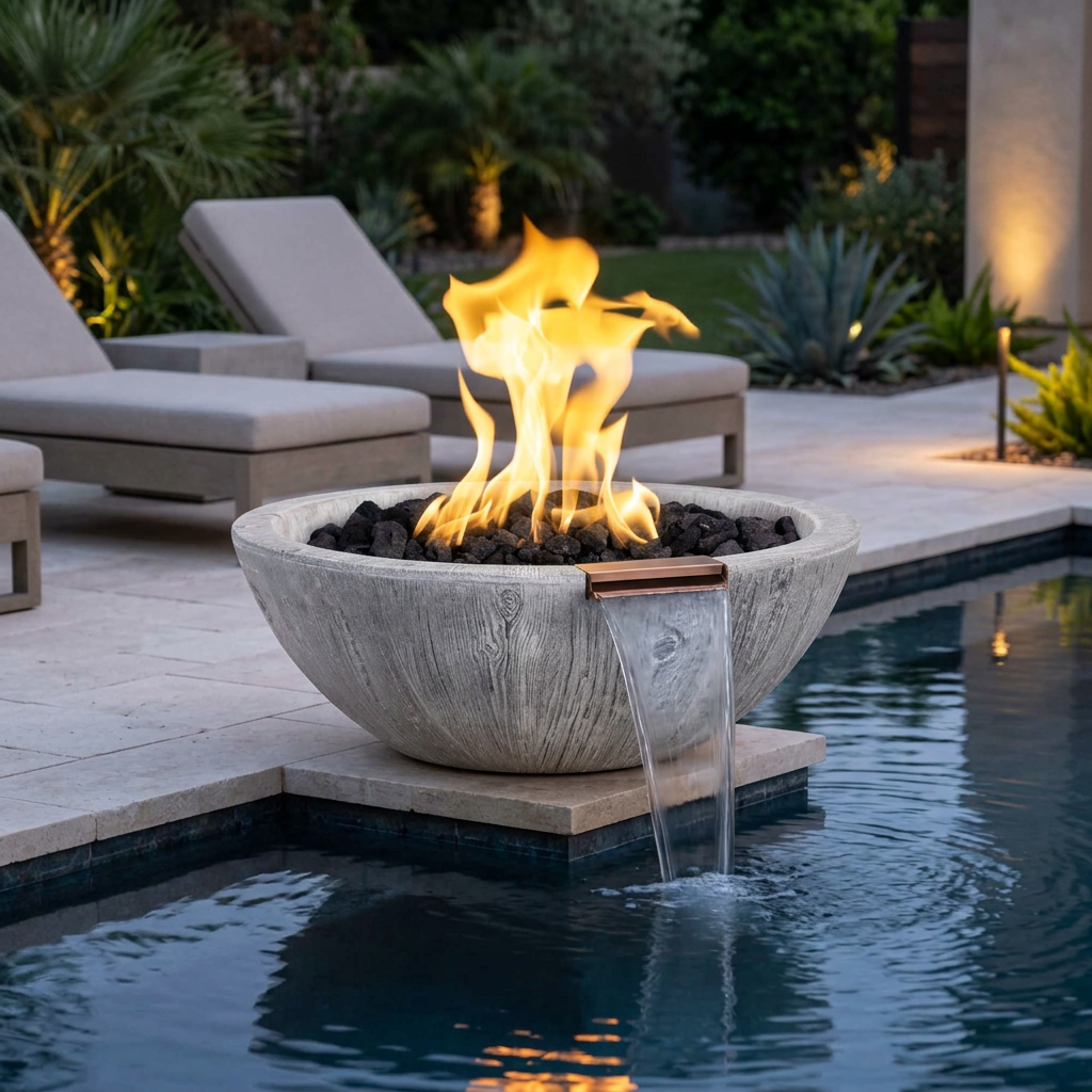 Ivory wood-grain Sedona fire and water bowl beside a pool at dusk