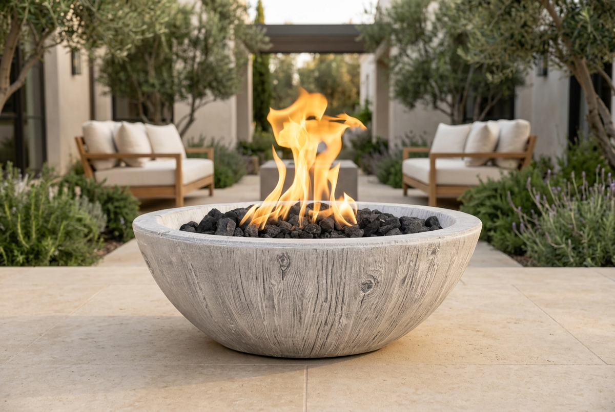 Ivory woodgrain Sedona Fire Bowl on an elegant outdoor terrace