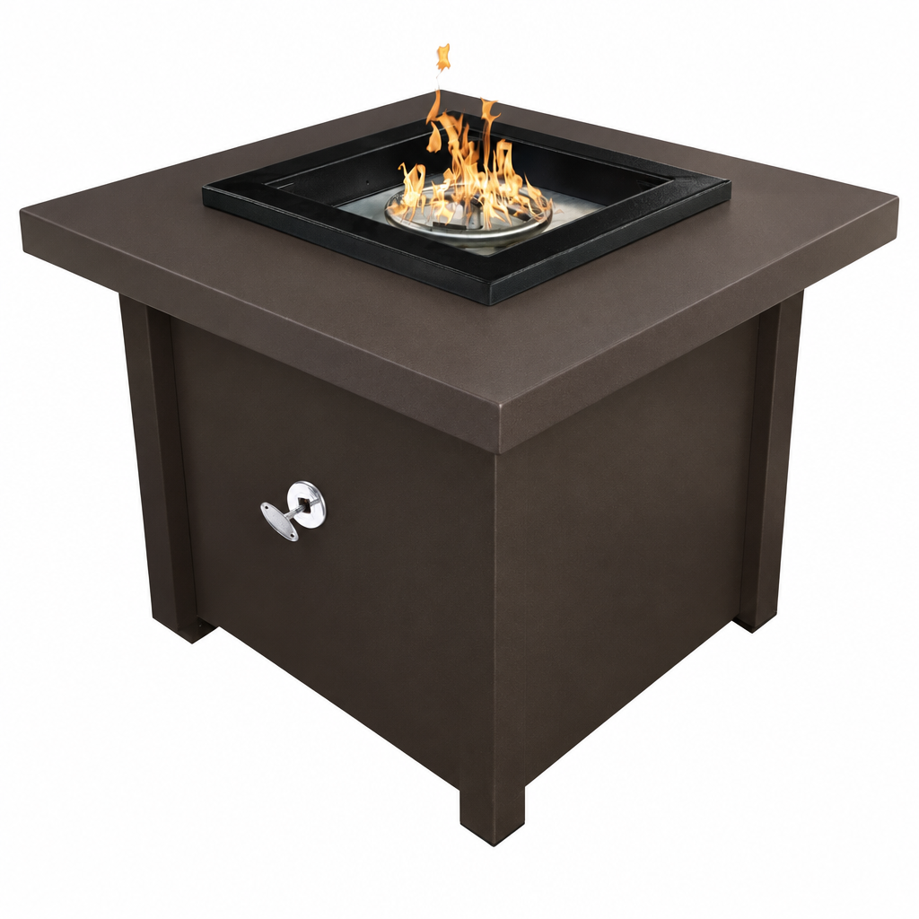 A square outdoor fire pit table with a dark brown finish and a black firebox insert with active flames, shown on a plain white background.