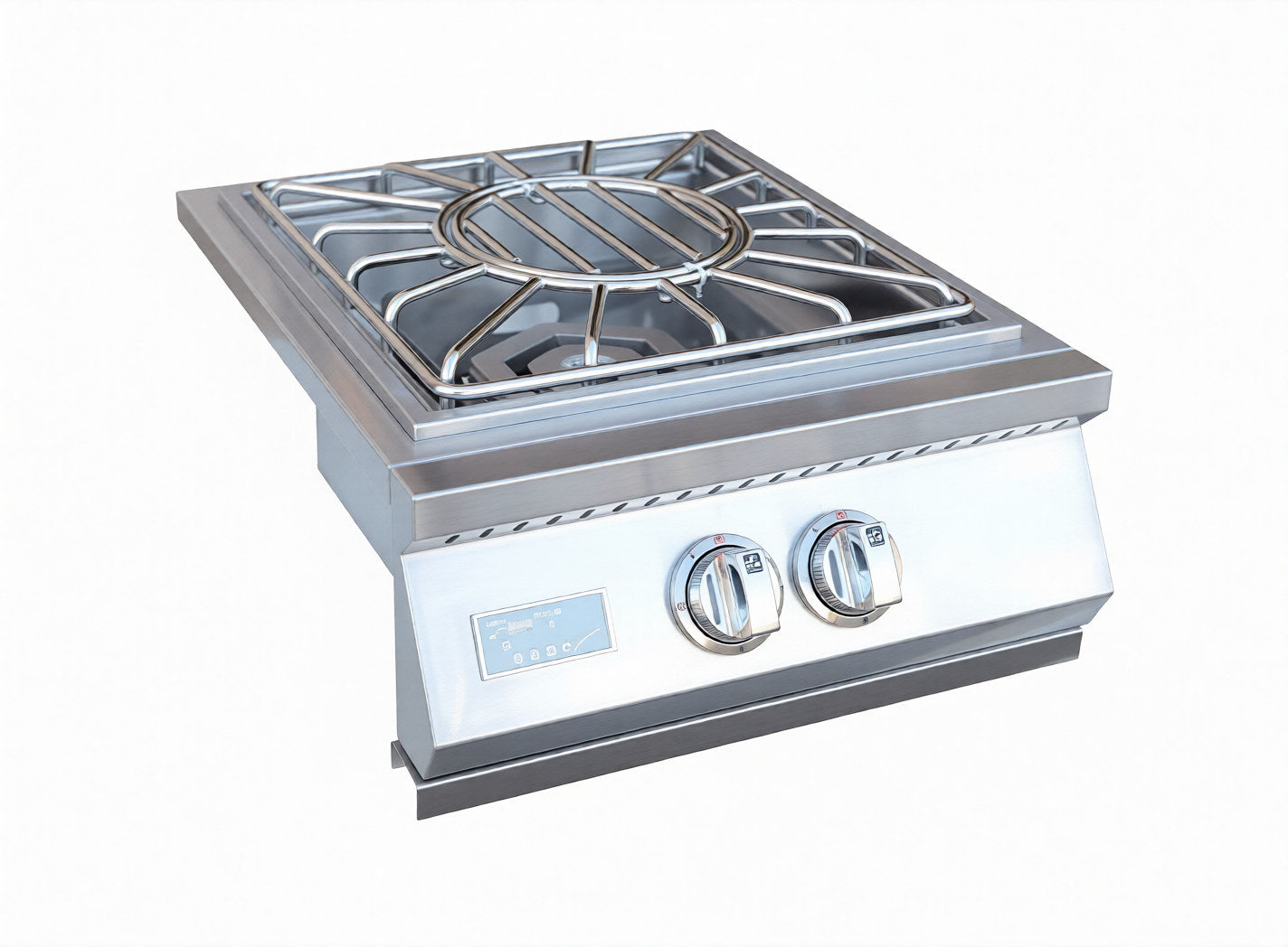 A compact stainless steel single-burner countertop gas stove with two front control knobs and a protective grate over the burner, shown on a plain white background.