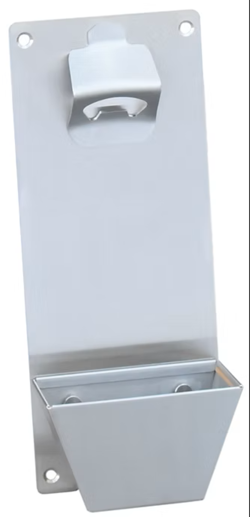 A silver metal wall-mounted bottle opener with a storage bin below, shown against a plain white background.