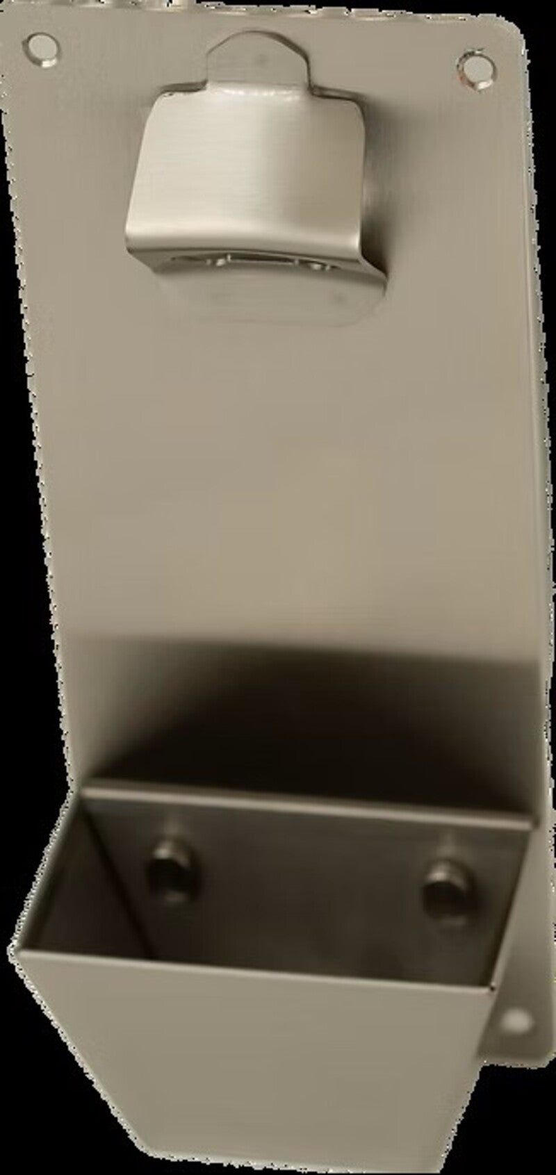 A silver metal wall-mounted storage box with a hinged lid and a small attached cap or cover at the top, shown against a black background.