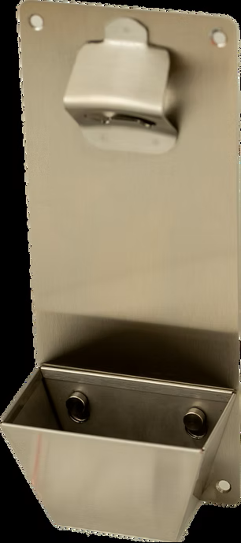 A brushed stainless steel wall-mounted bottle opener and storage box, shown against a solid black background.