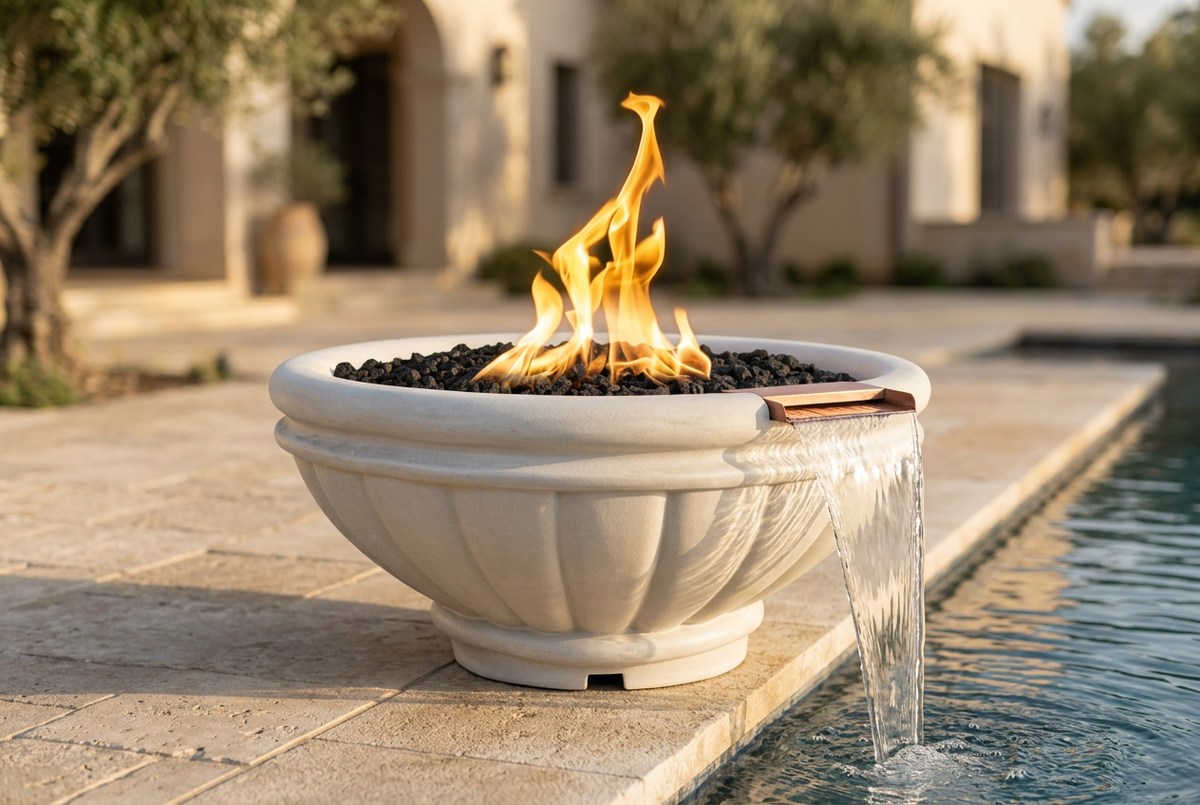 Limestone Roma Fire & Water Bowl on an elegant poolside terrace