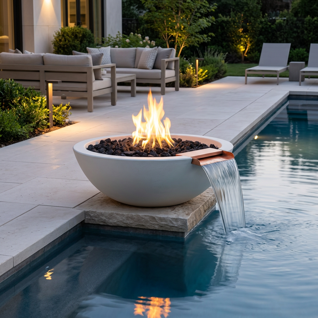 Limestone Sedona GFRC Fire & Water Bowl beside a pool at dusk