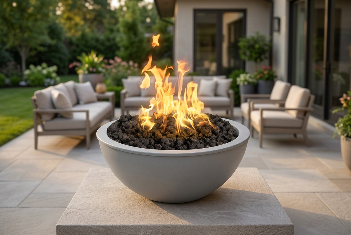 Luna Fire Bowl in Rock Gray on an elegant outdoor terrace