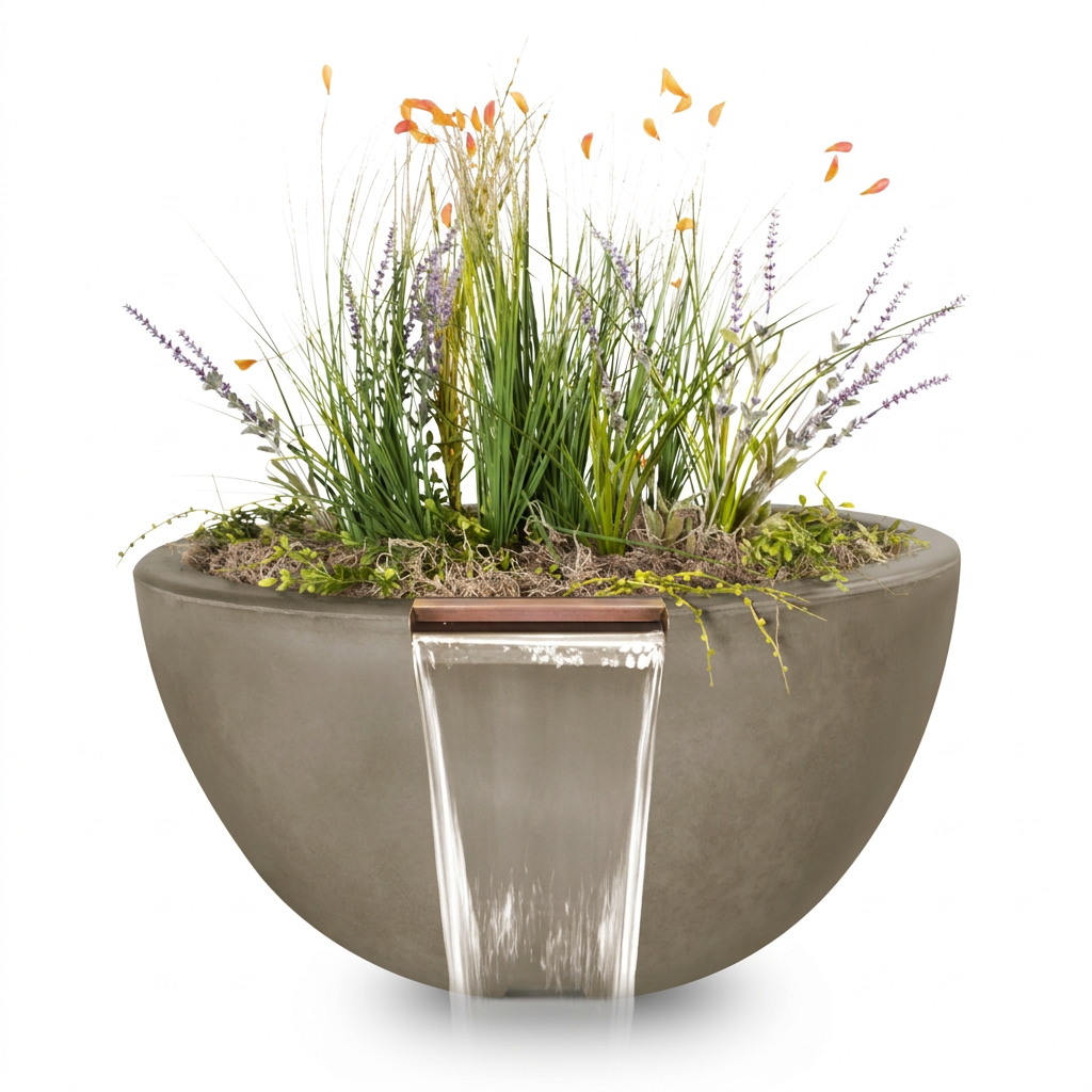 Luna GFRC Planter & Water Bowl in Chestnut, regenerated from the uploaded swatch