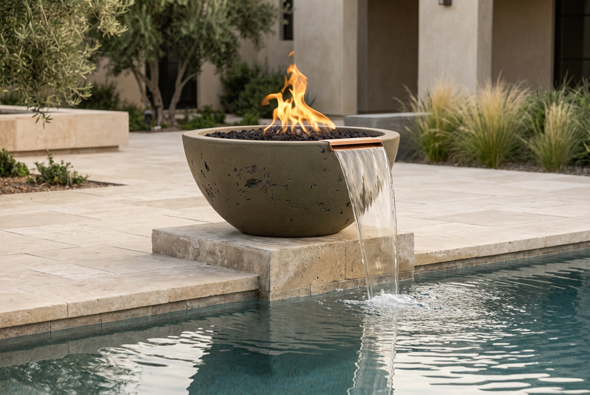 Luna Rustic Moss Stone fire and water bowl in a contemporary poolside setting