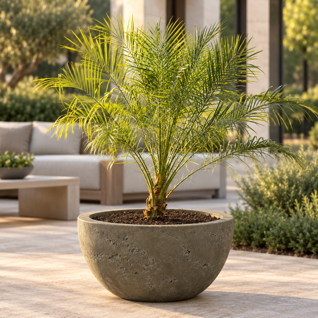 Luna Rustic Moss Stone planter in a patio lifestyle setting