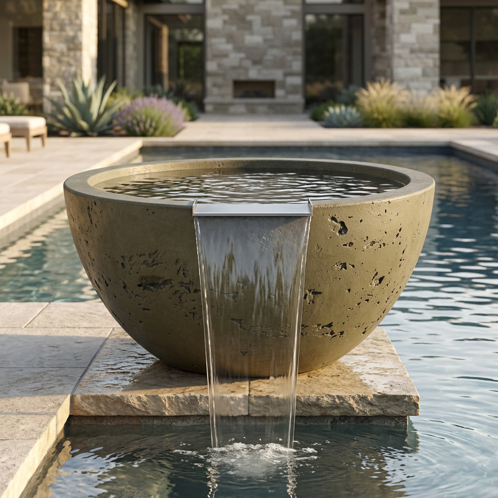 Luna Rustic Moss Stone water bowl beside a pool