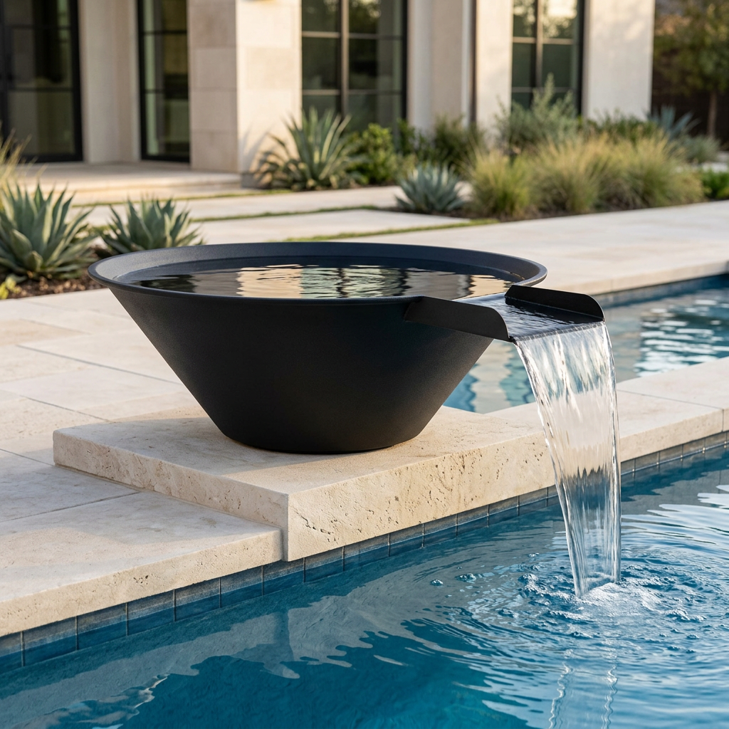 Matte black Cazo water bowl flowing into a pool