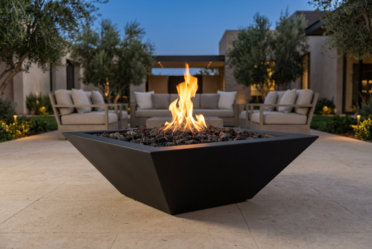 Matte Black Maya Fire Bowl on a contemporary terrace at blue hour