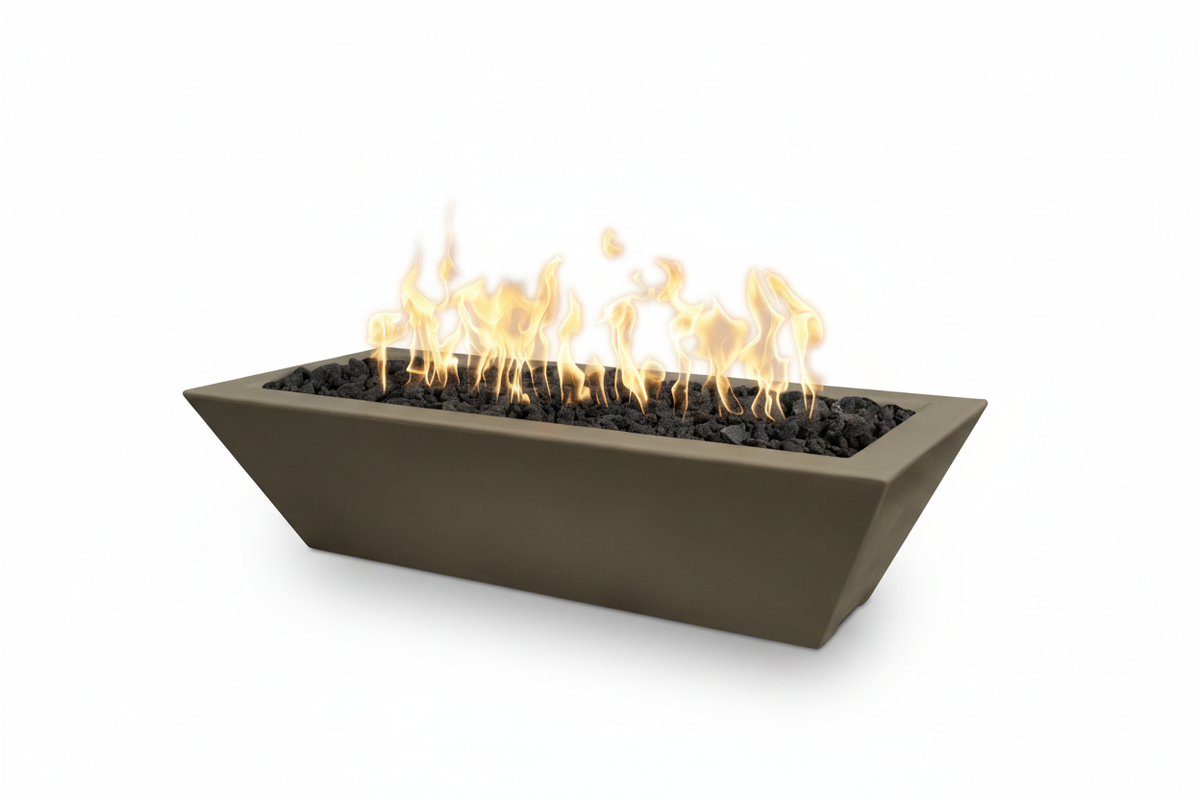 A rectangular outdoor fire pit with a matte dark gray-brown metal or stone-look body, filled with black decorative stones and active orange and yellow flames, shown on a plain white background.