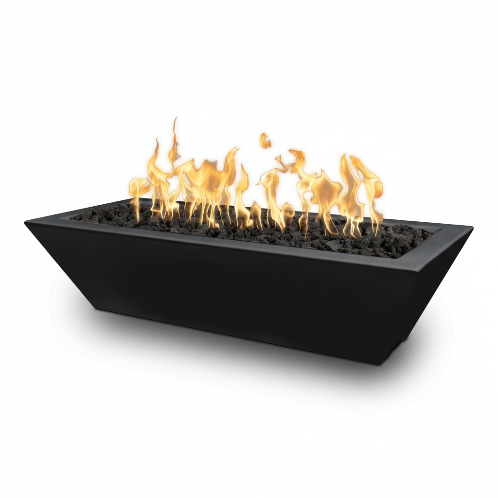 Black fire pit with flames on a white background